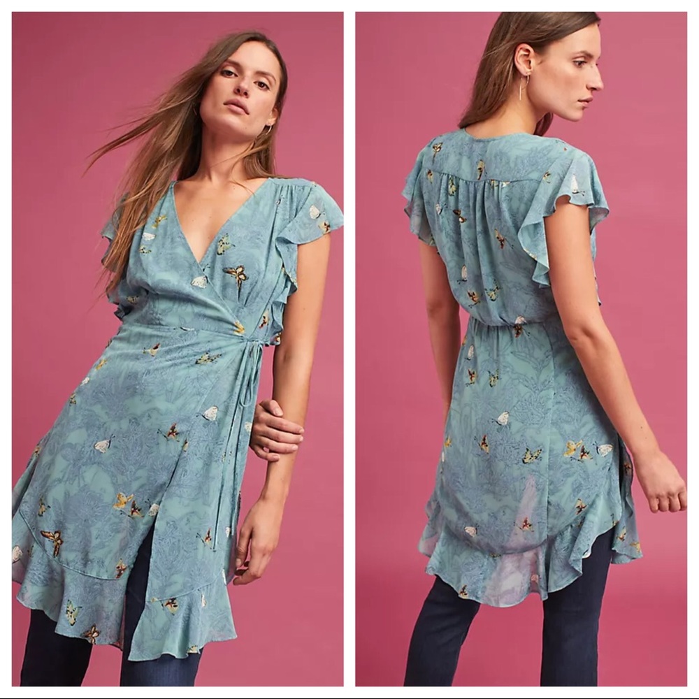 ⭐️ Anthropologie Feather Bone Osuna Wrap Dress S Butterfly Print Teal